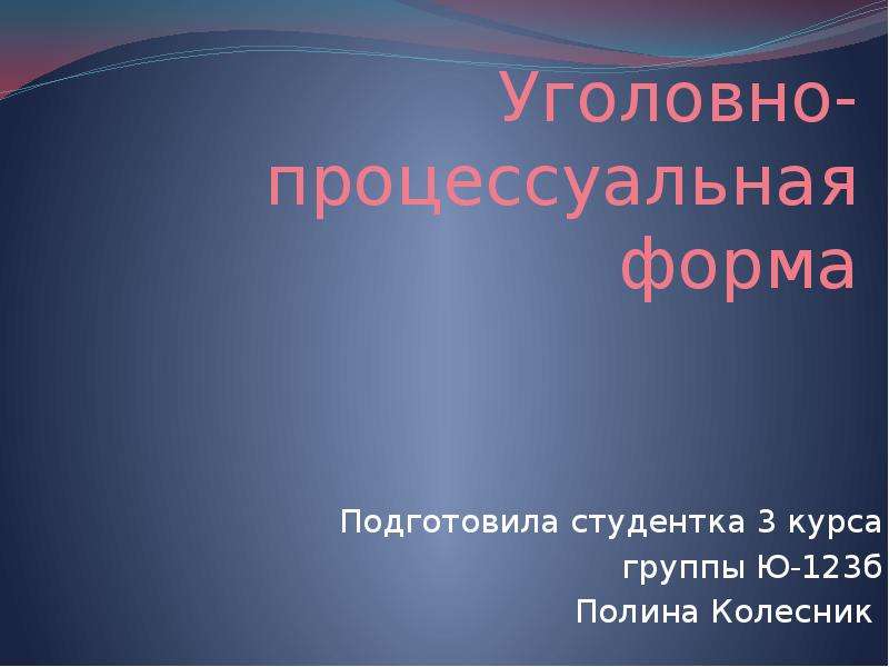 Презентация Уголовно-процессуальная форма Подготовила студентка 3 курса группы Ю-123б Полина Колесник