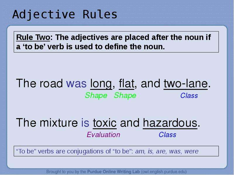 Adjective Rules The road was