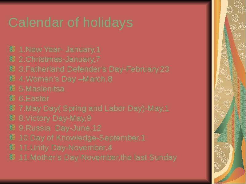 Calendar of holidays .New