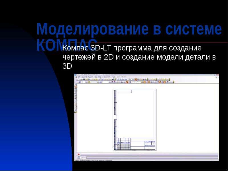 Презентация Моделирование в системе КОМПАС Компас 3D-LT программа для создание чертежей в 2D и создание модели детали в 3D