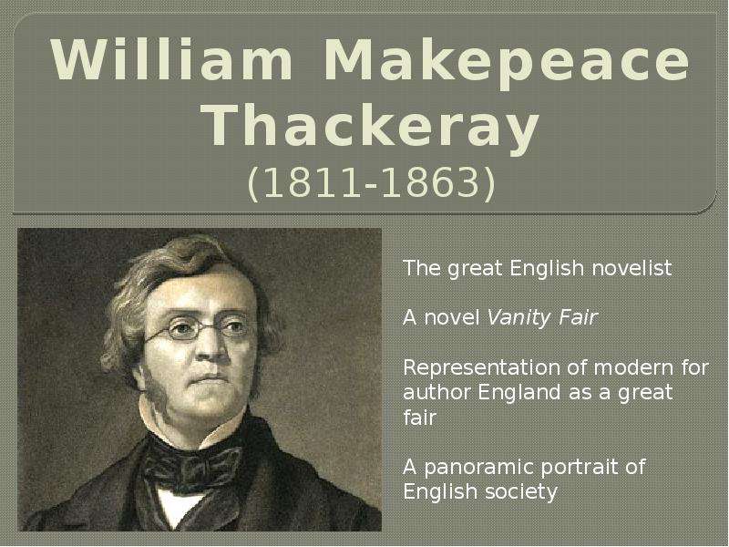 Презентация William Makepeace Thackeray (1811-1863) The great English novelist A novel Vanity Fair Representation of modern for author England as a great fair A panoramic portrait of English society
