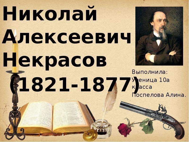 Презентация Николай Алексеевич Некрасов (1821-1877) Выполнила: Ученица 10а класса Поспелова Алина.