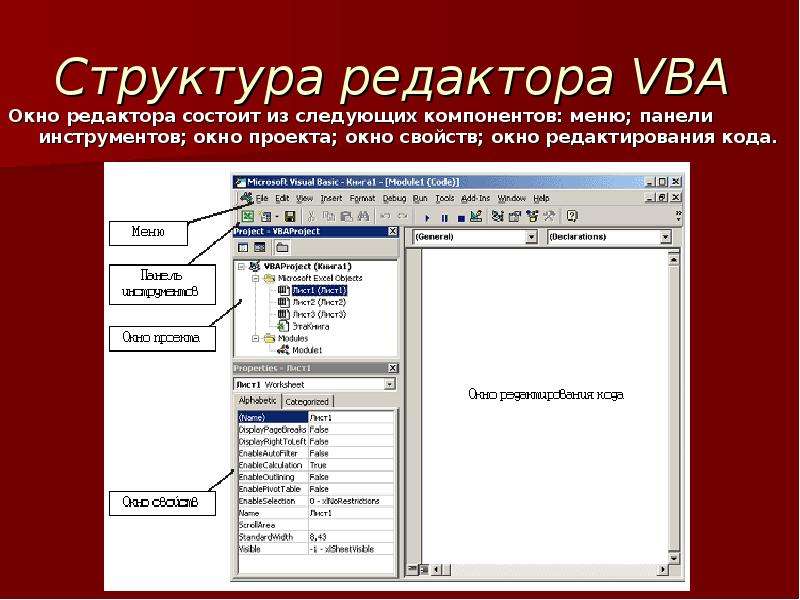 Структура редактора VBA Окно