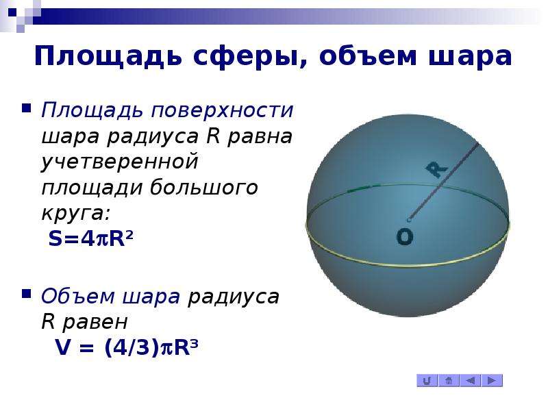 Площадь сферы, объем шара
