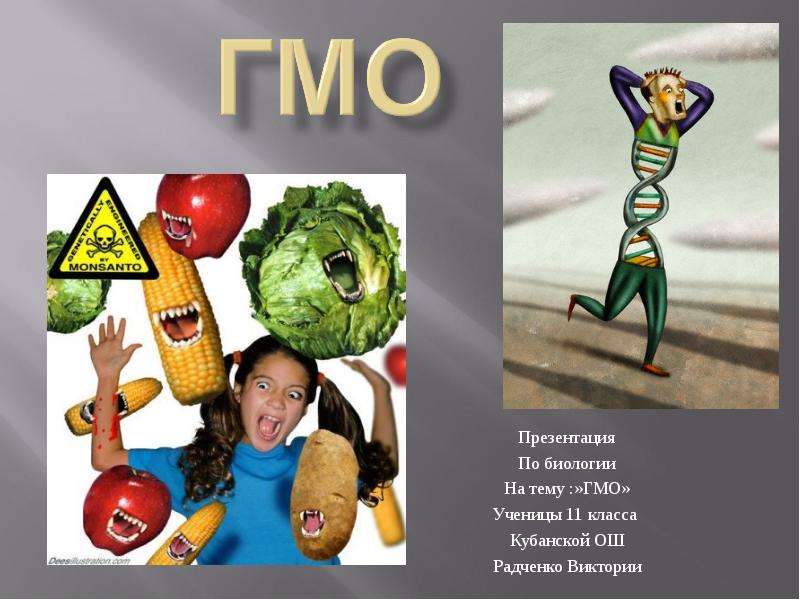 Презентация По биологии На тему :»ГМО» Ученицы 11 класса Кубанской ОШ Радченко Виктории