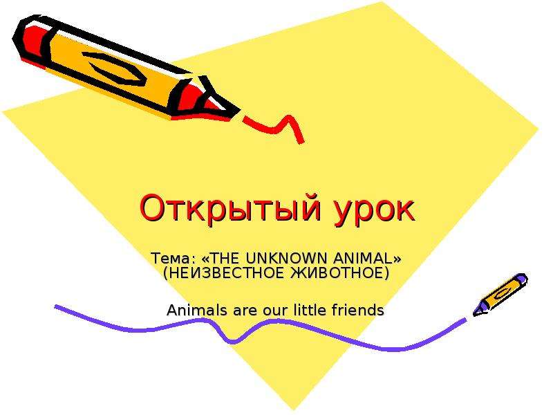 Презентация Открытый урок Тема: «THE UNKNOWN ANIMAL» (НЕИЗВЕСТНОЕ ЖИВОТНОЕ) Animals are our little friends