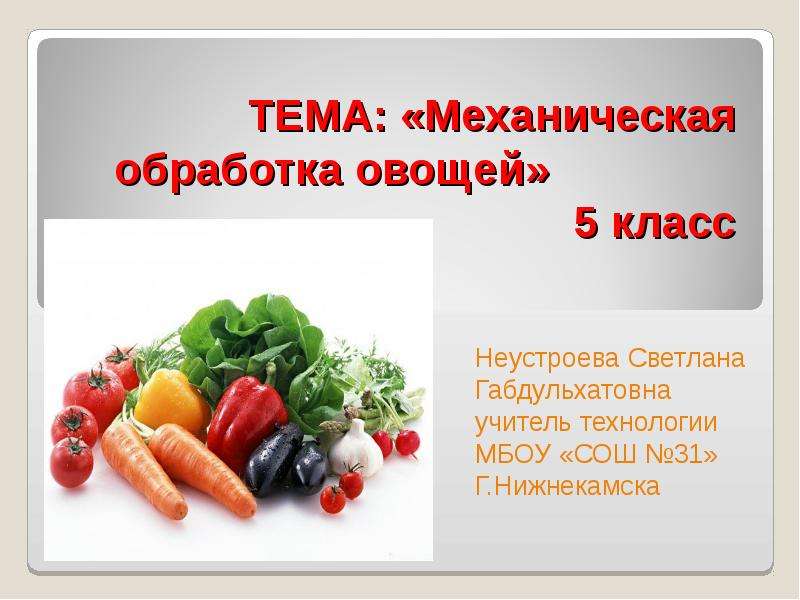 Презентация ТЕМА: «Механическая обработка овощей» 5 класс Неустроева Светлана Габдульхатовна учитель технолог