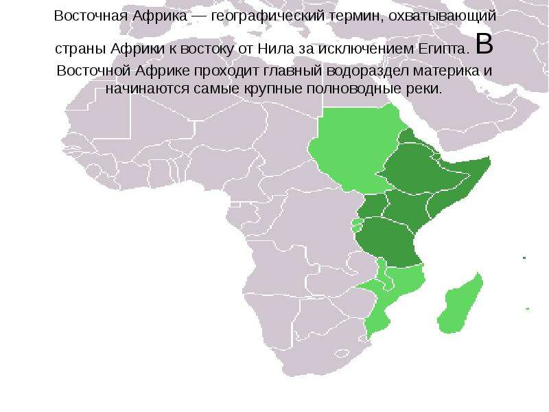 Презентация На тему Восточная Африка — географический термин, охватывающий страны Африки к востоку от Нила за исключением Египта