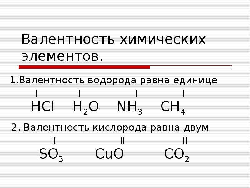 Презентация Валентность химических элементов. 1. Валентность водорода равна единице