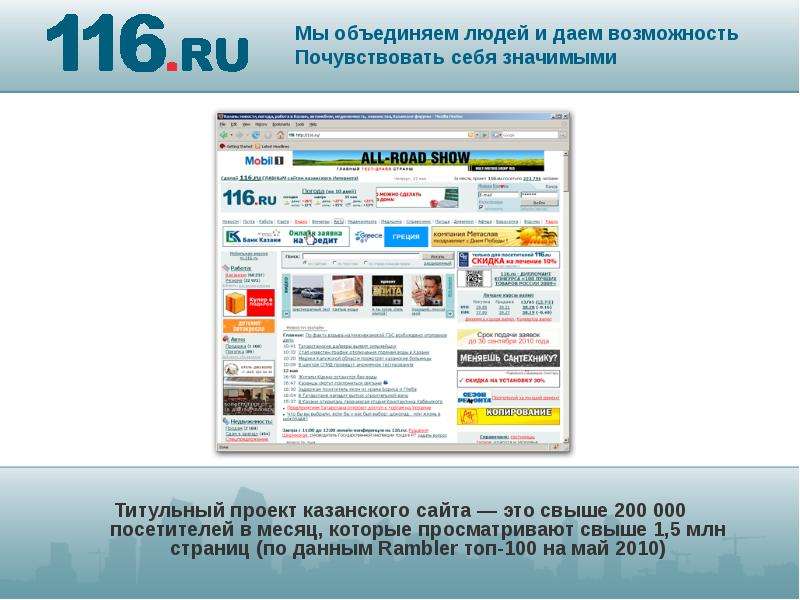 Презентация Титульный проект казанского сайта — это свыше 200 000 посетителей в месяц, которые просматривают свыше 1,5 млн страниц (по данным Rambler