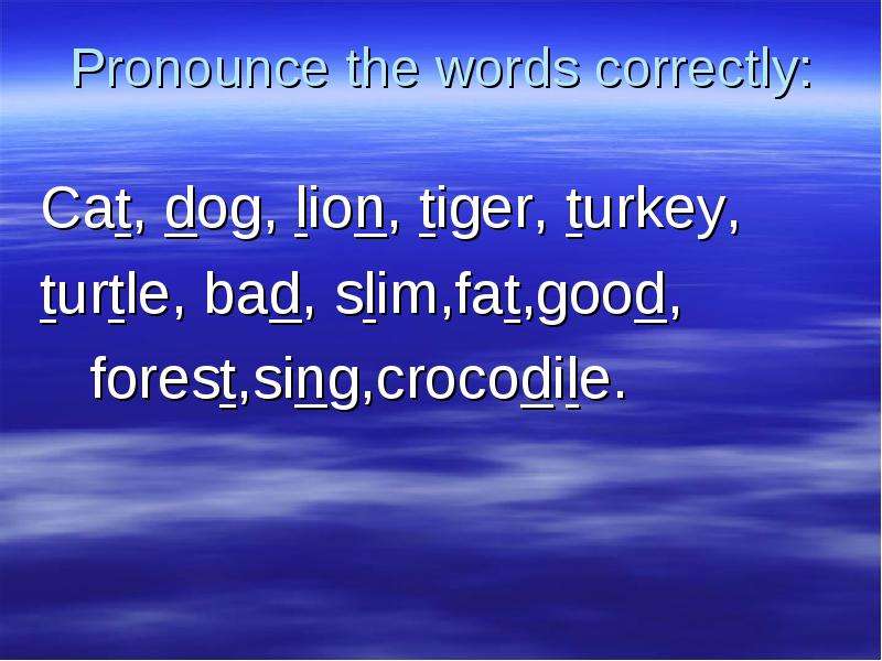 Презентация Pronounce the words correctly: Cat, dog, lion, tiger, turkey, turtle, bad, slim,fat,good, forest,sing,crocodile.