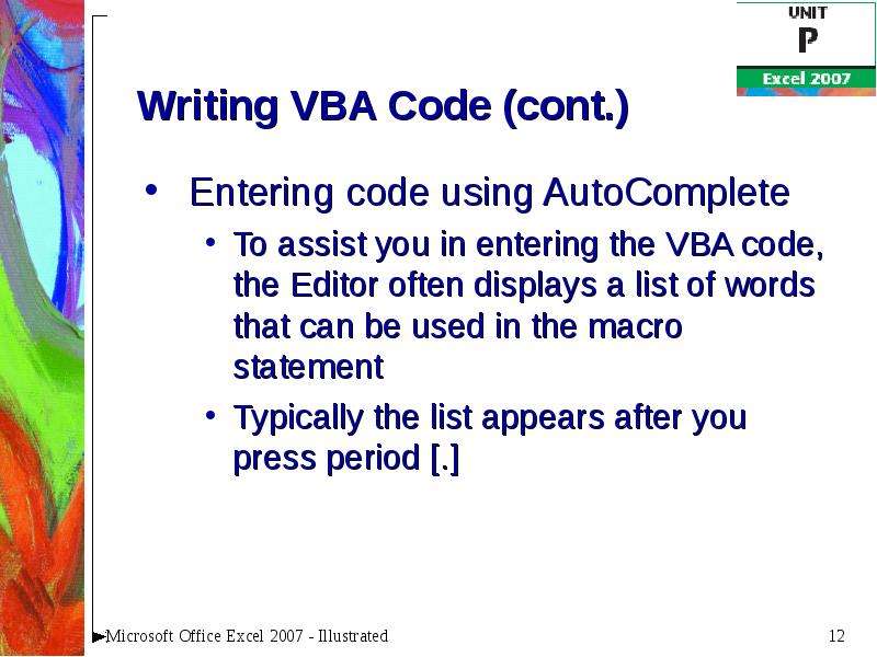 Writing VBA Code cont.