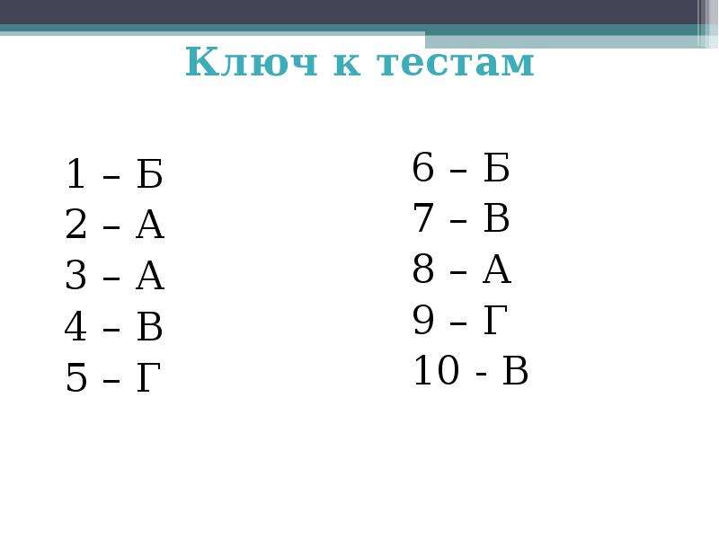 Ключ к тестам Б А А В Г