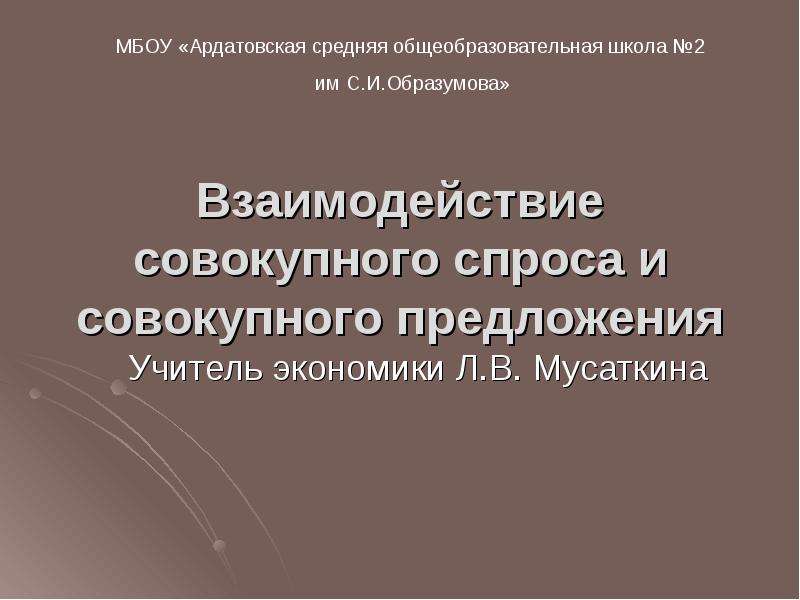 Презентация Взаимодействие совокупного спроса и совокупного предложения Учитель экономики Л. В. Мусаткина