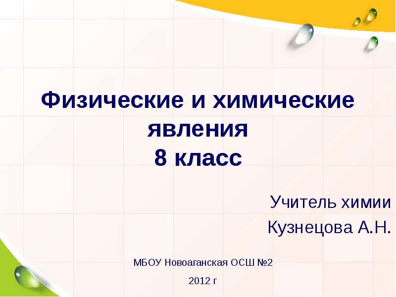 Презентация Физические и химические явления 8 класс Учитель химии Кузнецова А. Н.